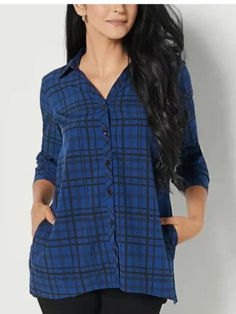 Susan Graver Weekend Regular Plaid Woven Tunic Shirt-Boho Blue-Small-A454579